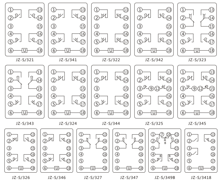 JZ-S/345靜態(tài)可調(diào)延時(shí)中間繼電器內(nèi)部接線(xiàn)圖及外引接線(xiàn)圖